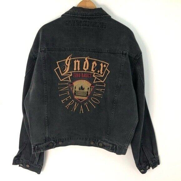 Vintage L Mens Denim Jean Jacket Embroidered faded black index international 938 - Picture 1 of 9